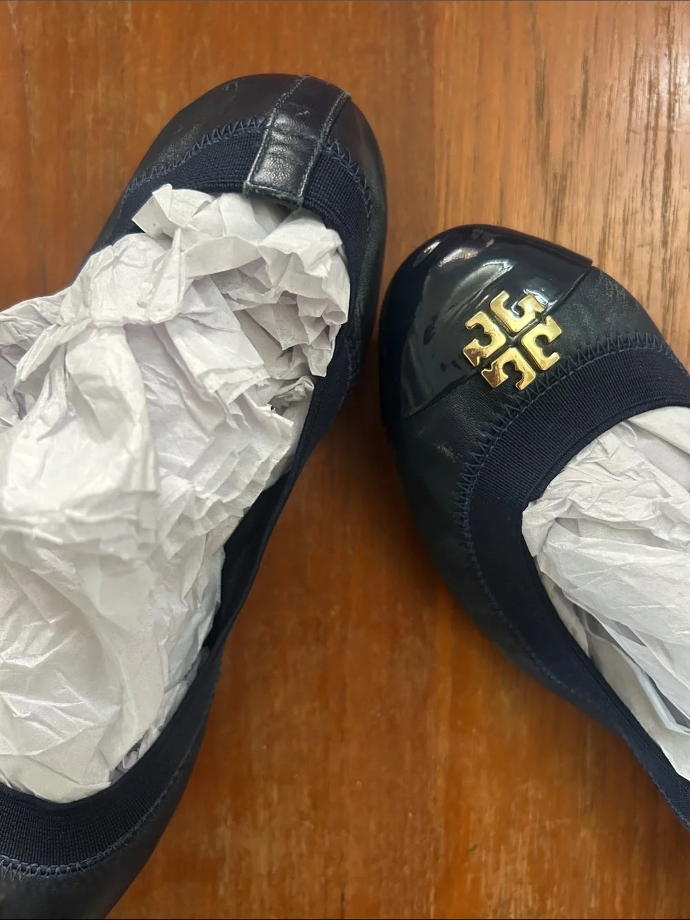 Tory Burch Navy Leather Ballet Flats with Gold Logo Emblem
